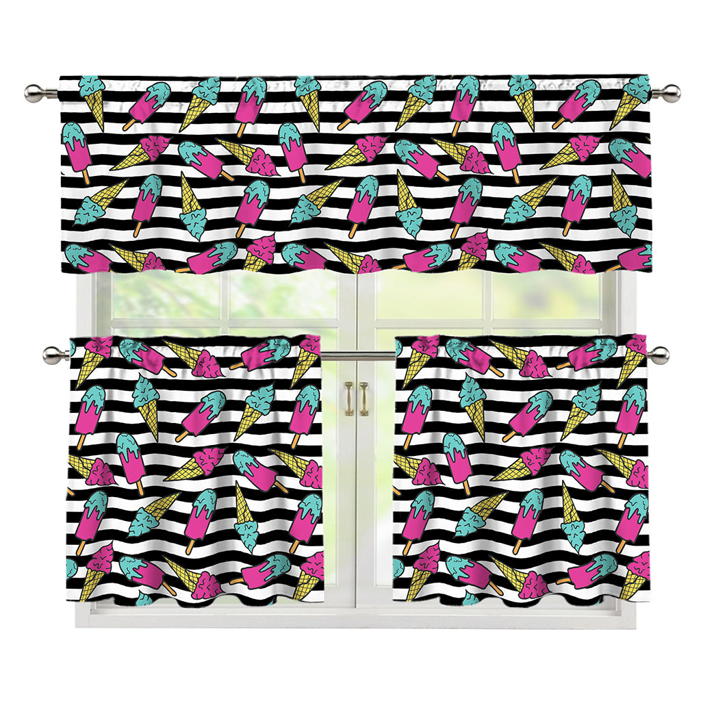 Black Striped Ice Cream Pattern Print 3 Piece Kitchen Curtains