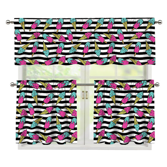 Black Striped Ice Cream Pattern Print 3 Piece Kitchen Curtains