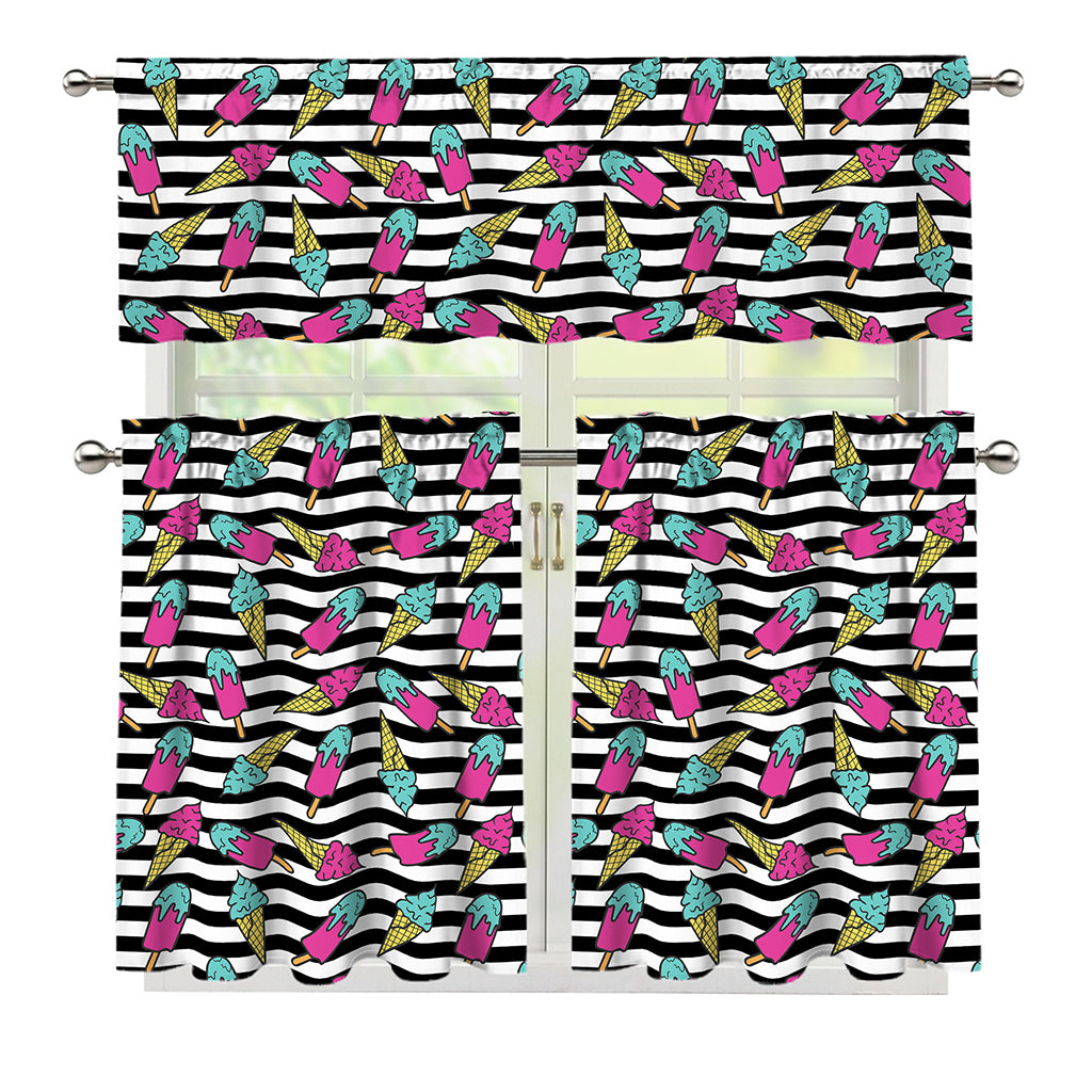 Black Striped Ice Cream Pattern Print 3 Piece Kitchen Curtains