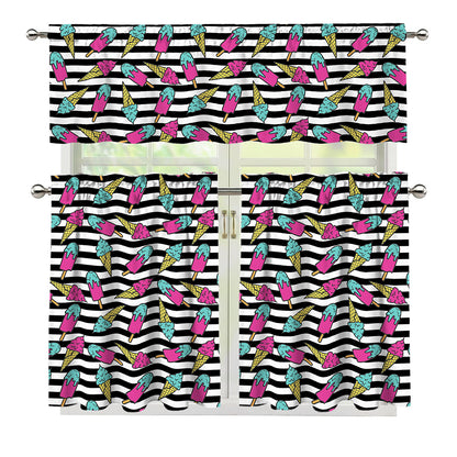 Black Striped Ice Cream Pattern Print 3 Piece Kitchen Curtains