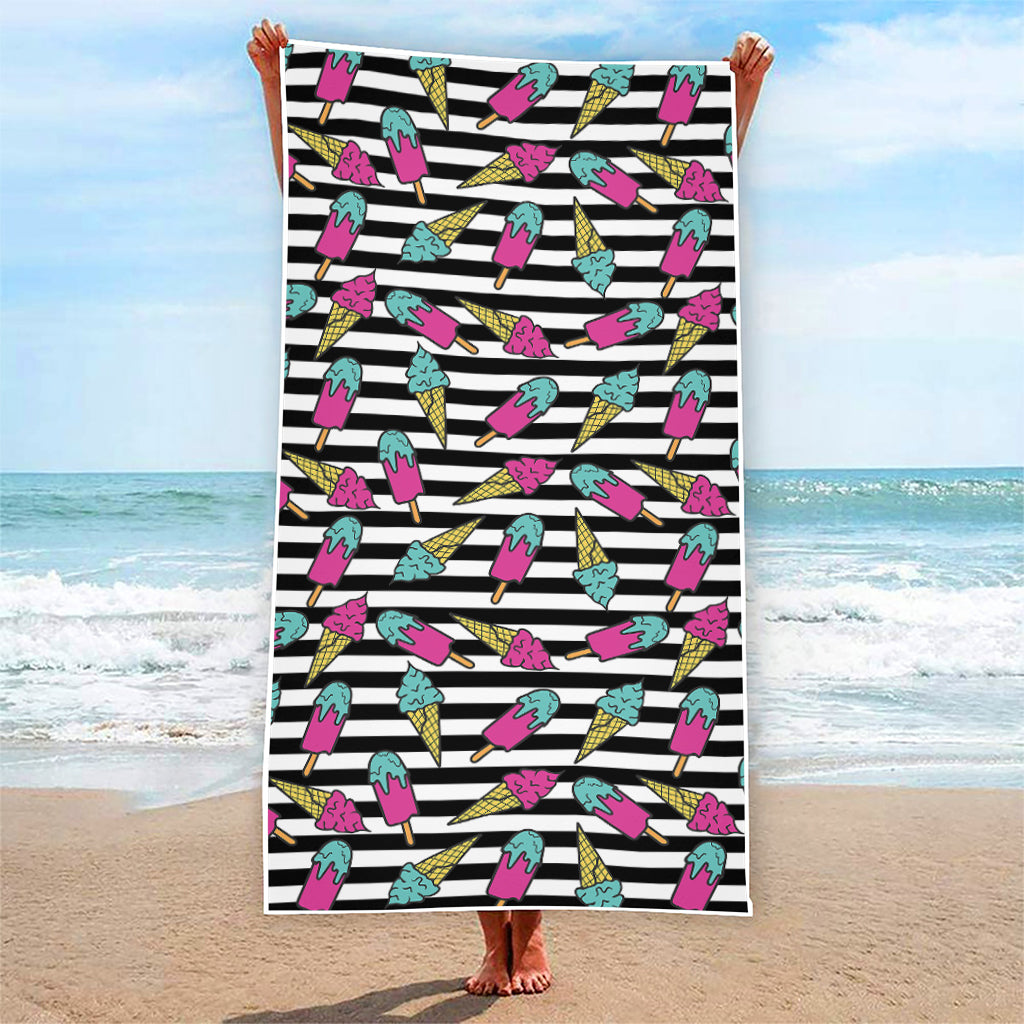 Black Striped Ice Cream Pattern Print Beach Towel