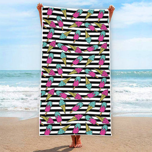 Black Striped Ice Cream Pattern Print Beach Towel