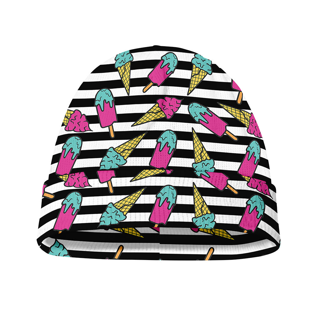 Black Striped Ice Cream Pattern Print Beanie