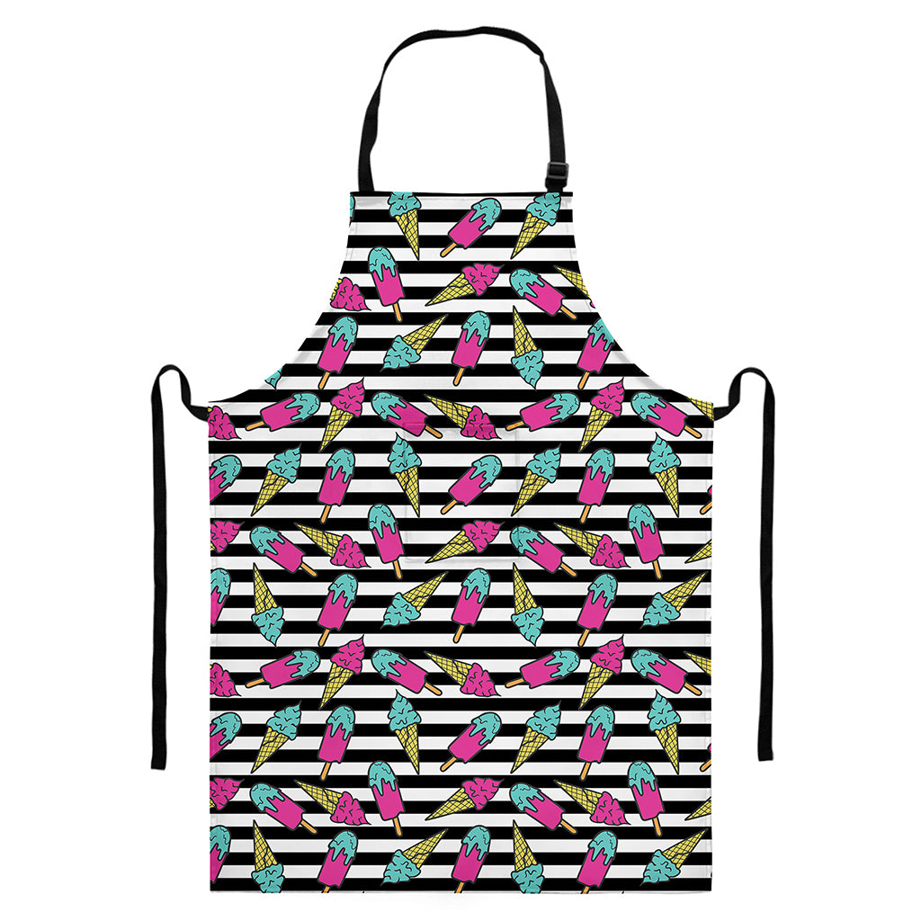 Black Striped Ice Cream Pattern Print Bib Apron With Pocket