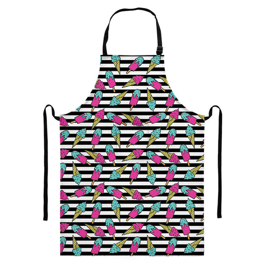 Black Striped Ice Cream Pattern Print Bib Apron With Pocket