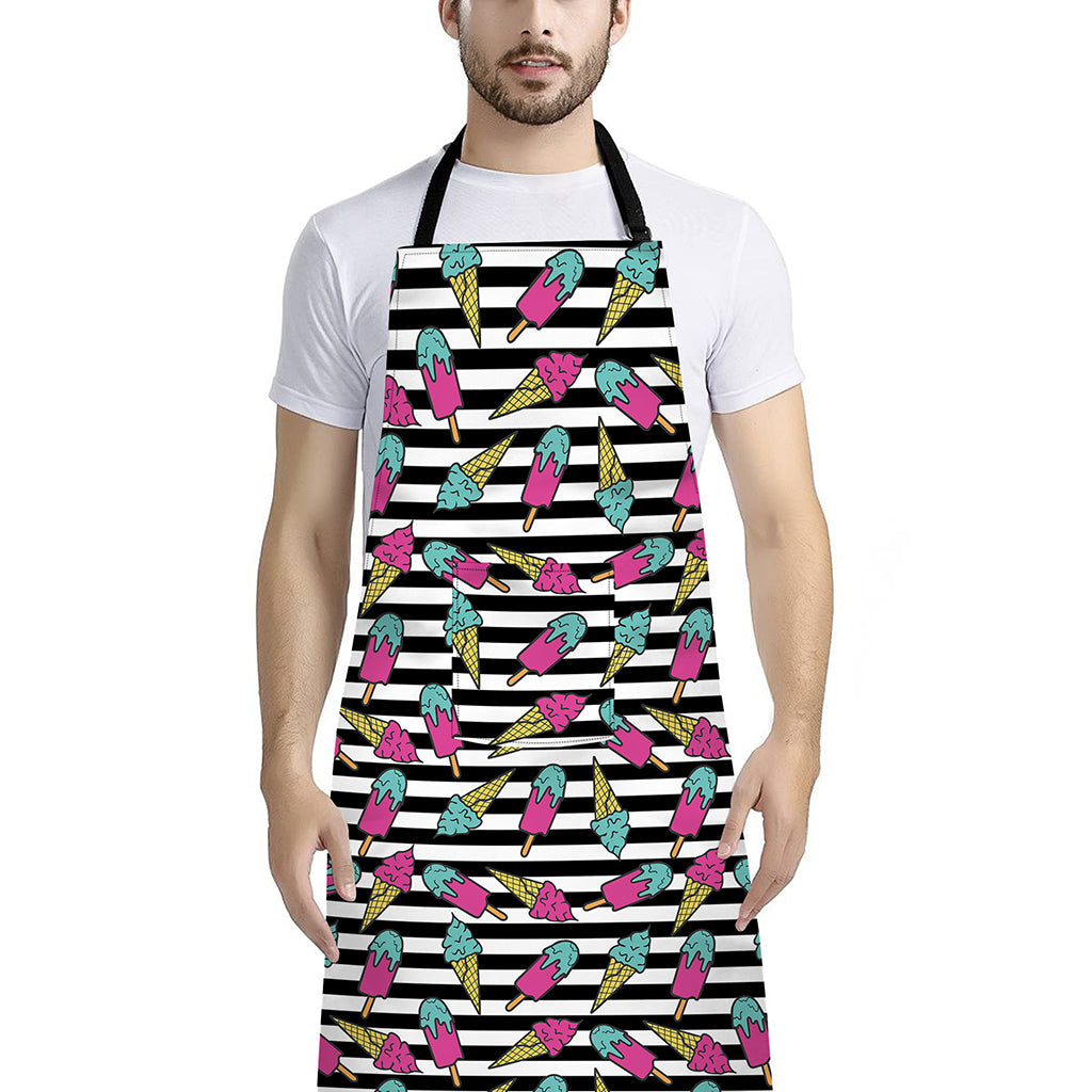Black Striped Ice Cream Pattern Print Bib Apron With Pocket