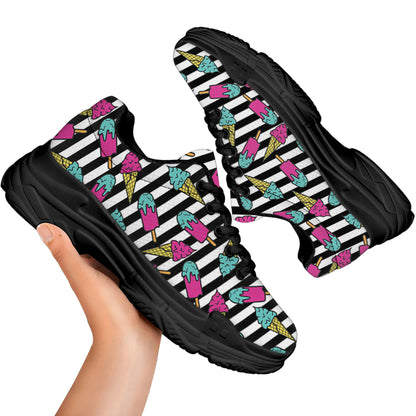 Black Striped Ice Cream Pattern Print Black Chunky Shoes