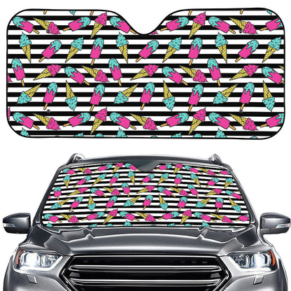 Black Striped Ice Cream Pattern Print Car Windshield Sun Shade