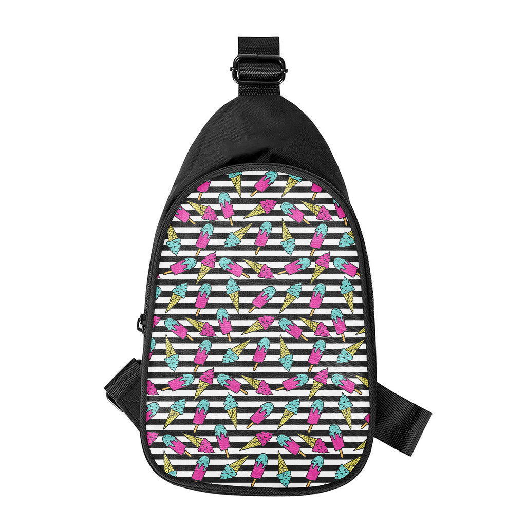 Black Striped Ice Cream Pattern Print Chest Bag