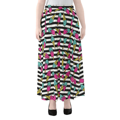 Black Striped Ice Cream Pattern Print Chiffon Maxi Skirt