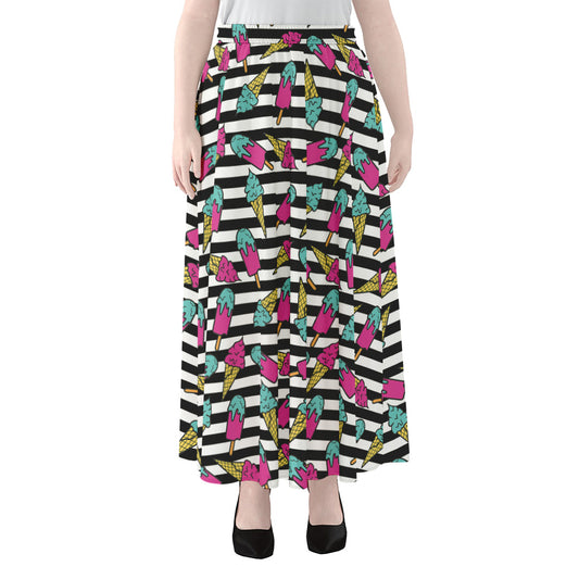 Black Striped Ice Cream Pattern Print Chiffon Maxi Skirt