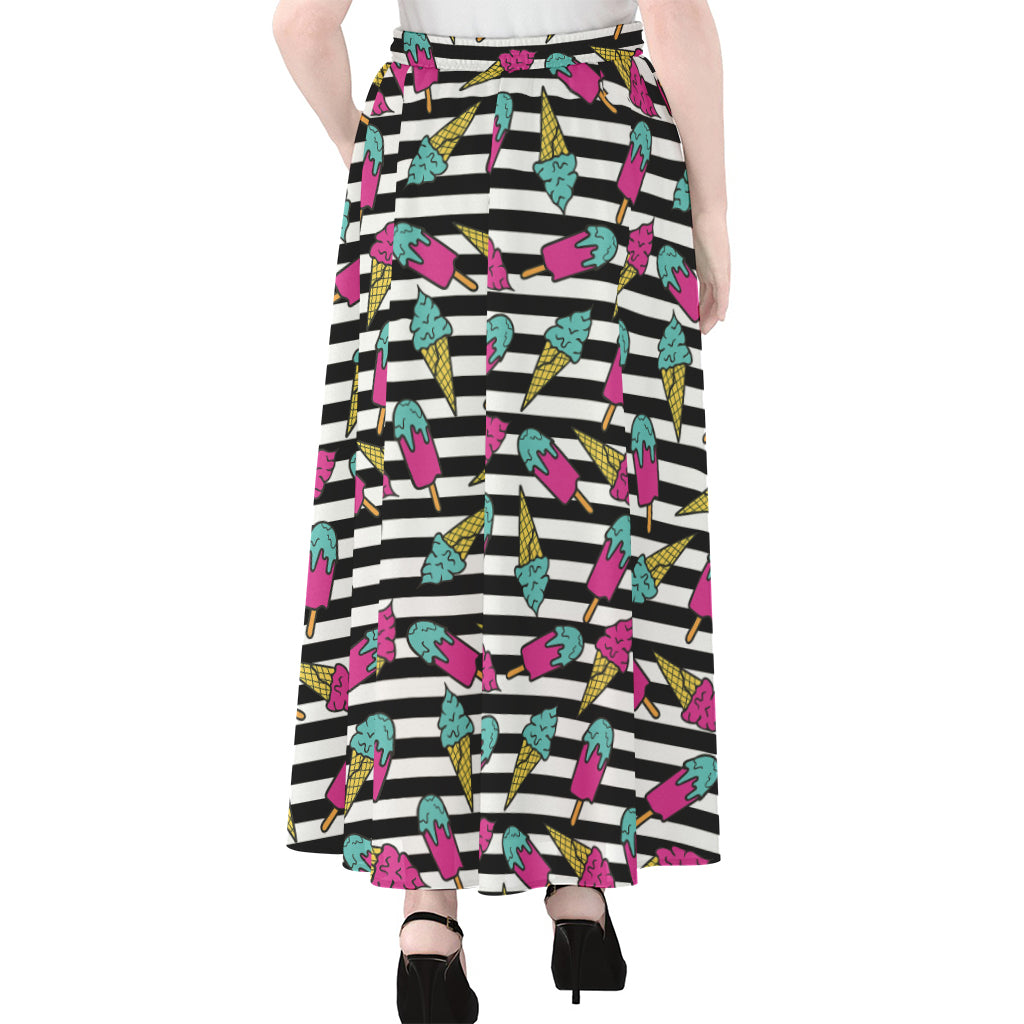 Black Striped Ice Cream Pattern Print Chiffon Maxi Skirt