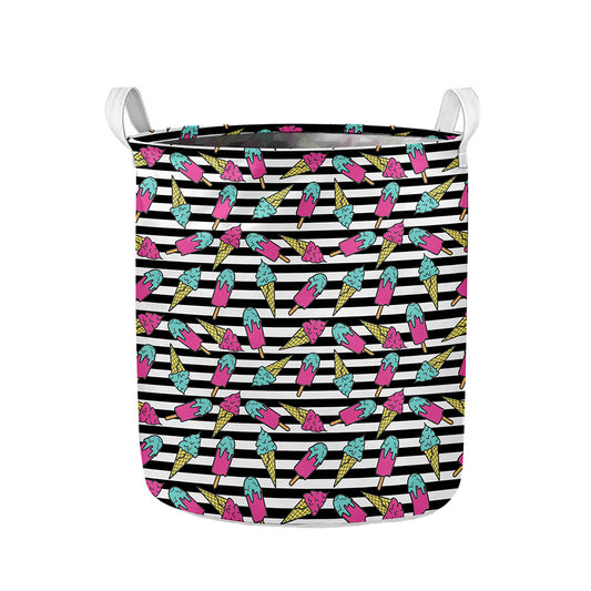 Black Striped Ice Cream Pattern Print Collapsible Laundry Basket
