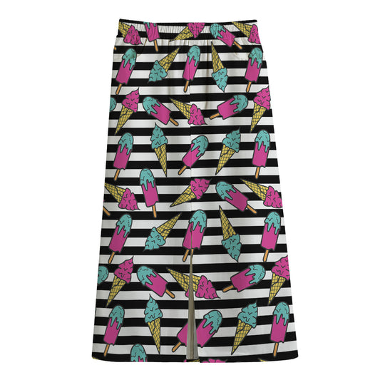 Black Striped Ice Cream Pattern Print Cotton Front Slit Maxi Skirt