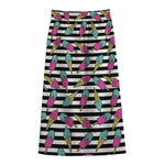 Black Striped Ice Cream Pattern Print Cotton Front Slit Maxi Skirt