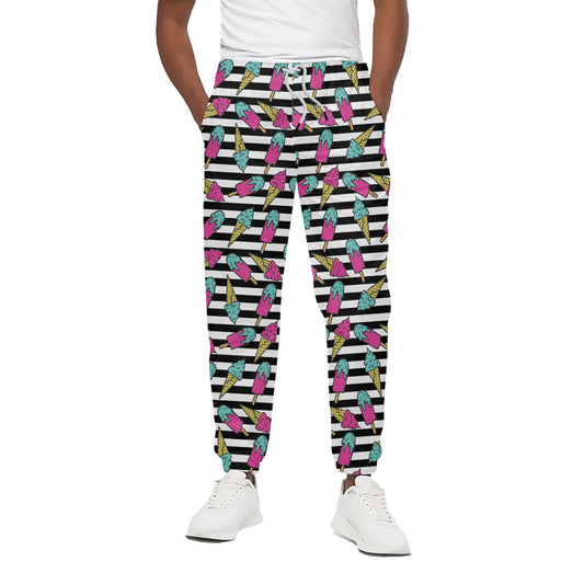 Black Striped Ice Cream Pattern Print Cotton Pants