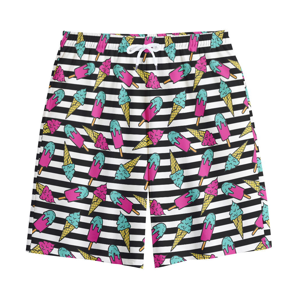 Black Striped Ice Cream Pattern Print Cotton Shorts