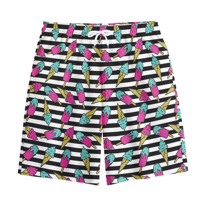 Black Striped Ice Cream Pattern Print Cotton Shorts