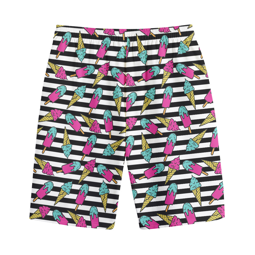 Black Striped Ice Cream Pattern Print Cotton Shorts
