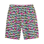 Black Striped Ice Cream Pattern Print Cotton Shorts