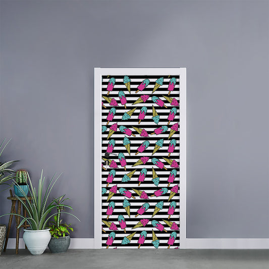 Black Striped Ice Cream Pattern Print Door Sticker