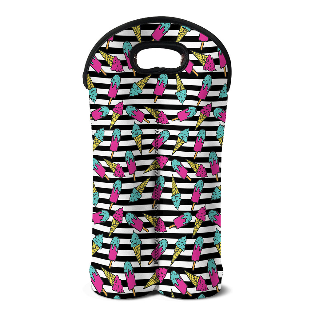 Black Striped Ice Cream Pattern Print Double Neoprene Wine Tote