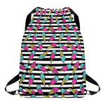 Black Striped Ice Cream Pattern Print Drawstring Backpack