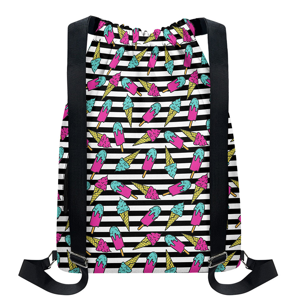 Black Striped Ice Cream Pattern Print Drawstring Backpack
