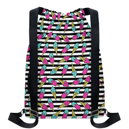 Black Striped Ice Cream Pattern Print Drawstring Backpack