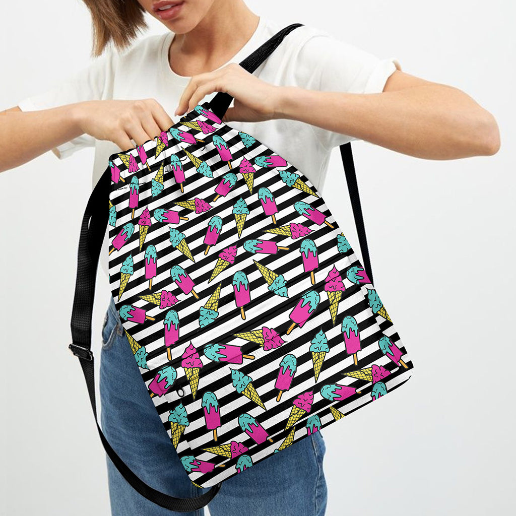 Black Striped Ice Cream Pattern Print Drawstring Backpack