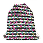 Black Striped Ice Cream Pattern Print Drawstring Bag