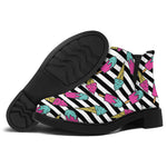 Black Striped Ice Cream Pattern Print Flat Ankle Boots