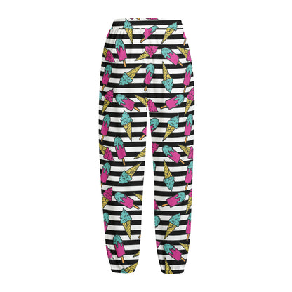 Black Striped Ice Cream Pattern Print Fleece Lined Knit Pants