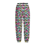 Black Striped Ice Cream Pattern Print Fleece Lined Knit Pants
