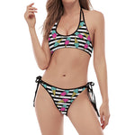 Black Striped Ice Cream Pattern Print Halter Scoop Tie Side Bikini