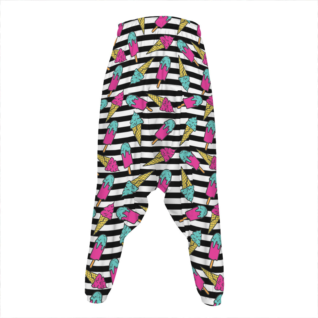 Black Striped Ice Cream Pattern Print Hammer Pants