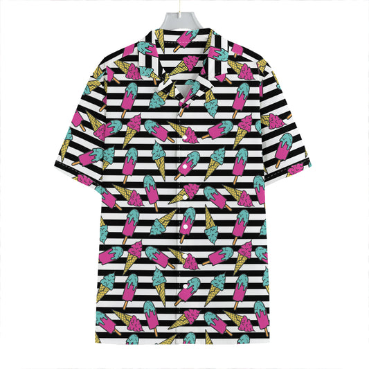 Black Striped Ice Cream Pattern Print Hawaiian Shirt