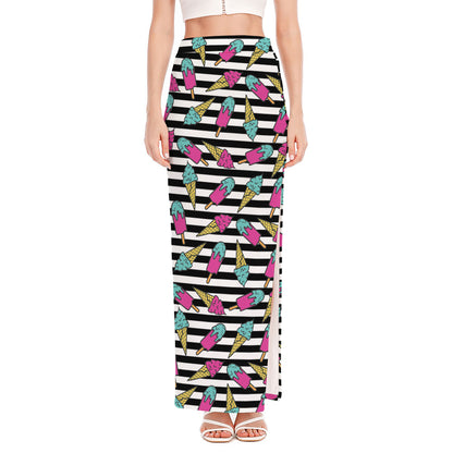 Black Striped Ice Cream Pattern Print High Slit Maxi Skirt