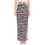 Black Striped Ice Cream Pattern Print High Slit Maxi Skirt