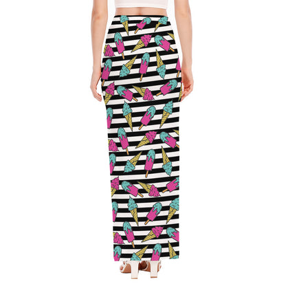Black Striped Ice Cream Pattern Print High Slit Maxi Skirt