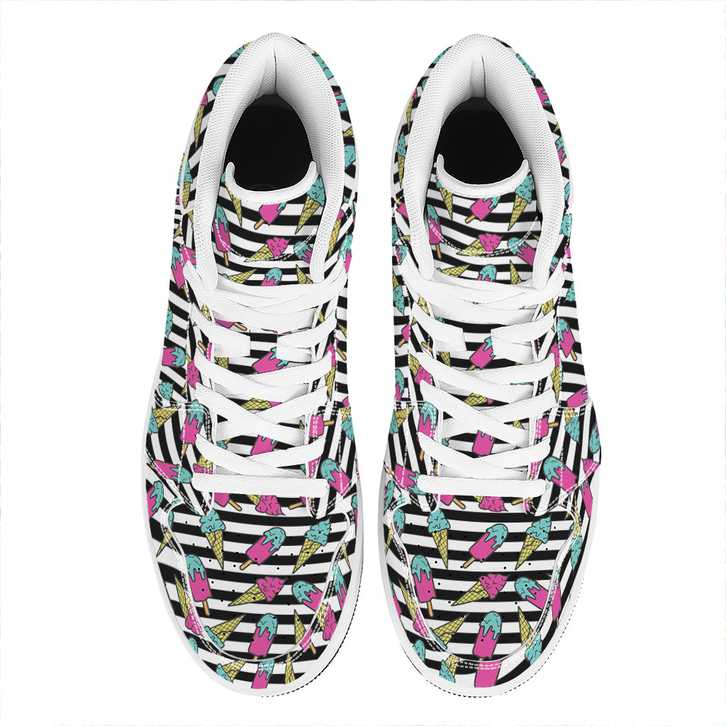 Black Striped Ice Cream Pattern Print High Top Leather Sneakers