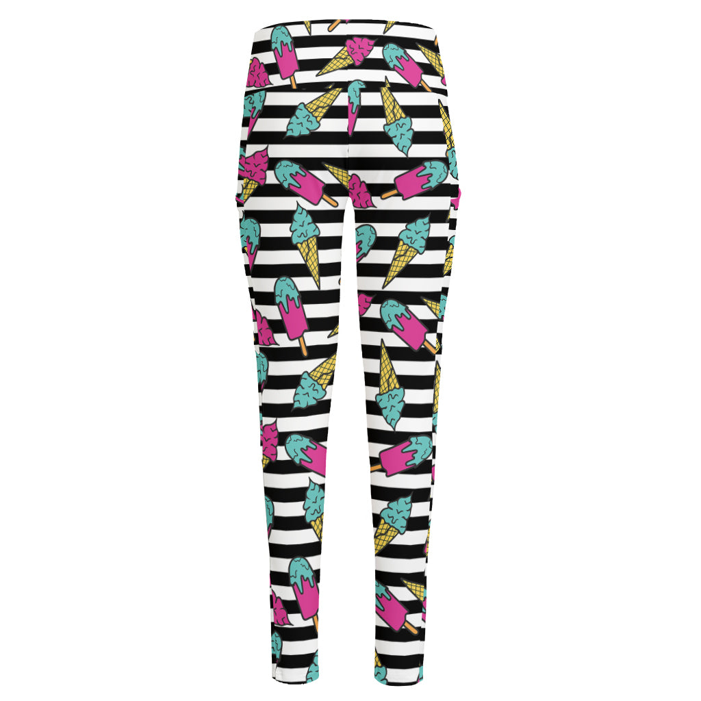 Black Striped Ice Cream Pattern Print High-Waisted Pocket Leggings