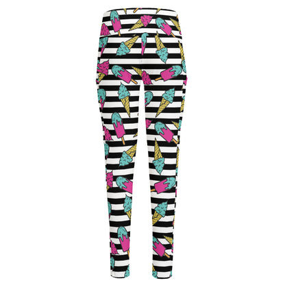 Black Striped Ice Cream Pattern Print High-Waisted Pocket Leggings
