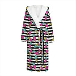 Black Striped Ice Cream Pattern Print Hooded Bathrobe