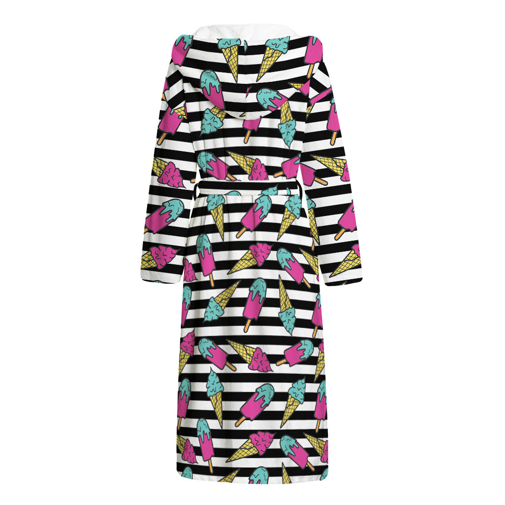 Black Striped Ice Cream Pattern Print Hooded Bathrobe