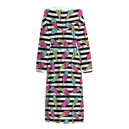 Black Striped Ice Cream Pattern Print Hooded Bathrobe
