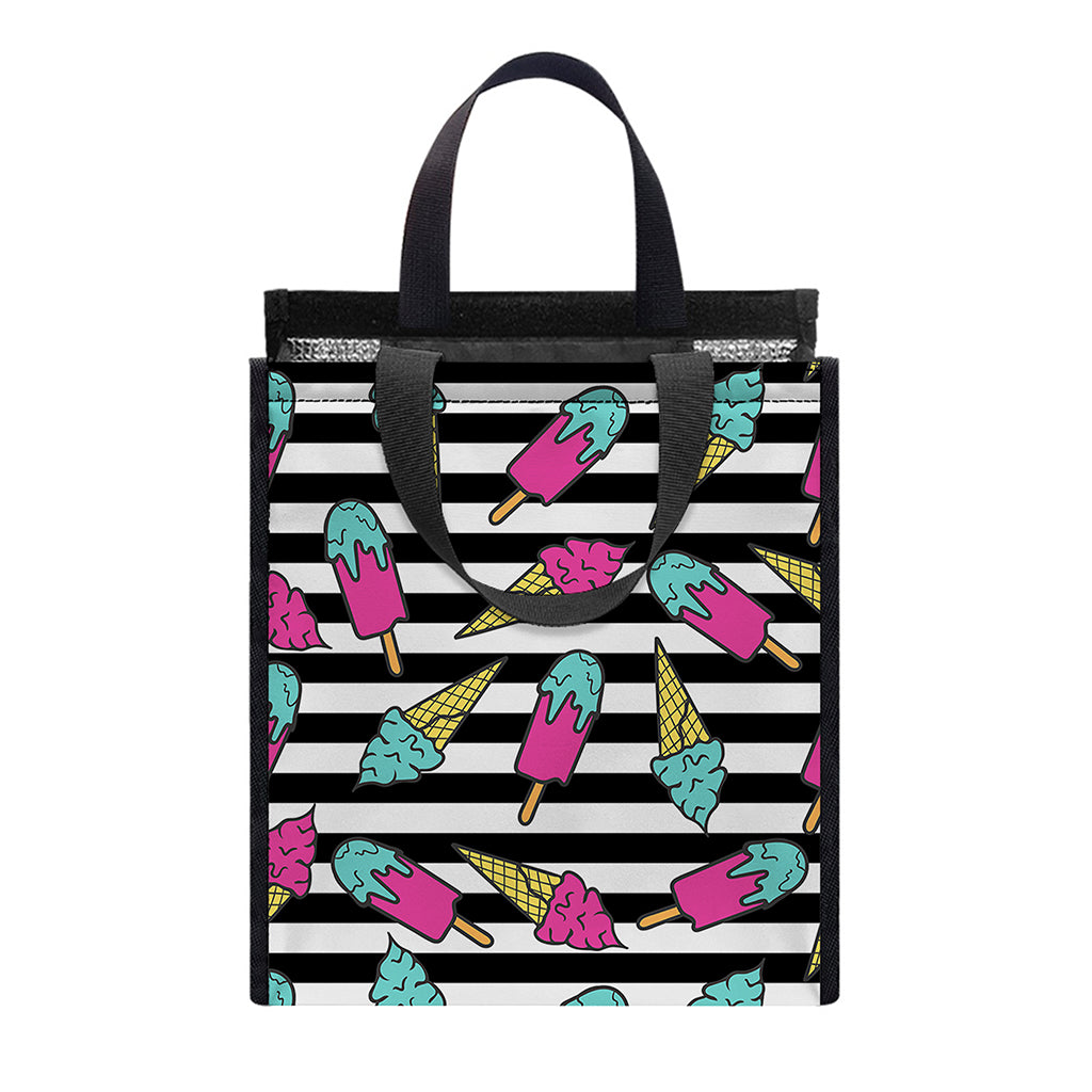Black Striped Ice Cream Pattern Print Insulated Lunch Tote