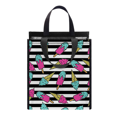 Black Striped Ice Cream Pattern Print Insulated Lunch Tote
