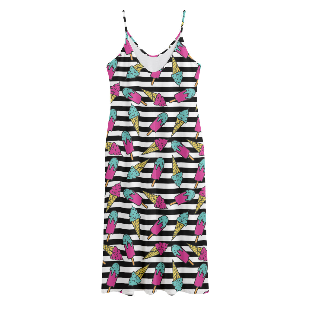 Black Striped Ice Cream Pattern Print Jersey Midi Cami Dress