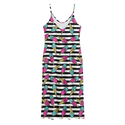 Black Striped Ice Cream Pattern Print Jersey Midi Cami Dress
